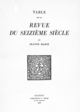 Table de la “Revue du Seizième siècle” De Jeanne Marie - Librairie Droz