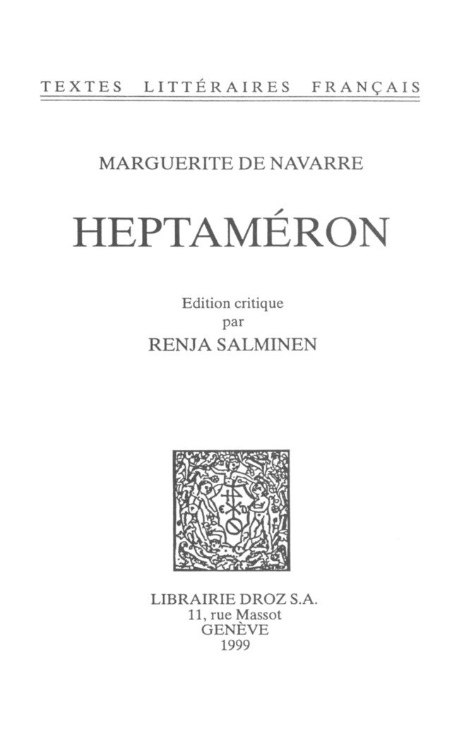 Heptaméron - Marguerite De Navarre - Librairie Droz