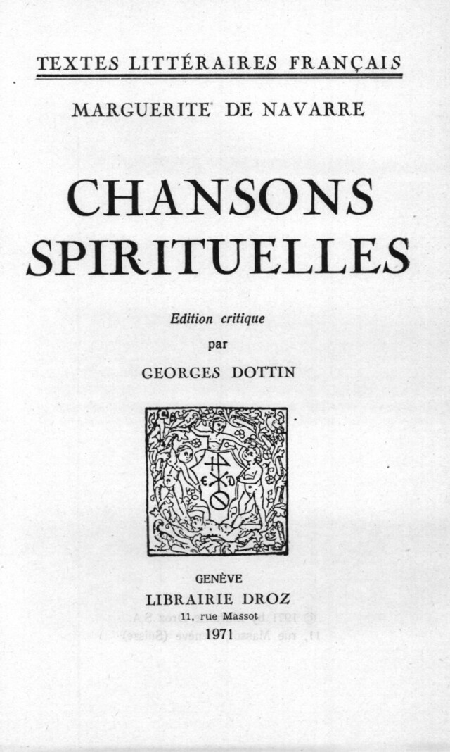 Chansons spirituelles - Marguerite De Navarre - Librairie Droz