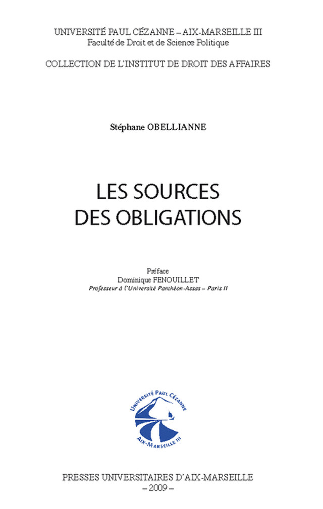 Les sources des obligations - Stéphane Obellianne - Presses universitaires d’Aix-Marseille