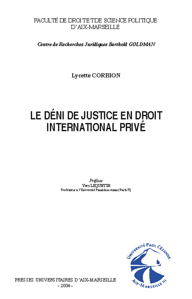 Le déni de justice en droit international privé - Lycette Corbion - Presses universitaires d’Aix-Marseille