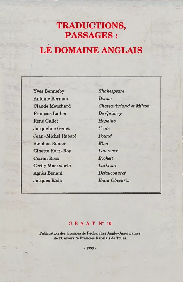 Traductions, passages : le domaine anglais -  - Presses universitaires François-Rabelais