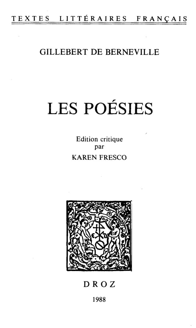 Les Poésies - Gillebert Berneville - Librairie Droz
