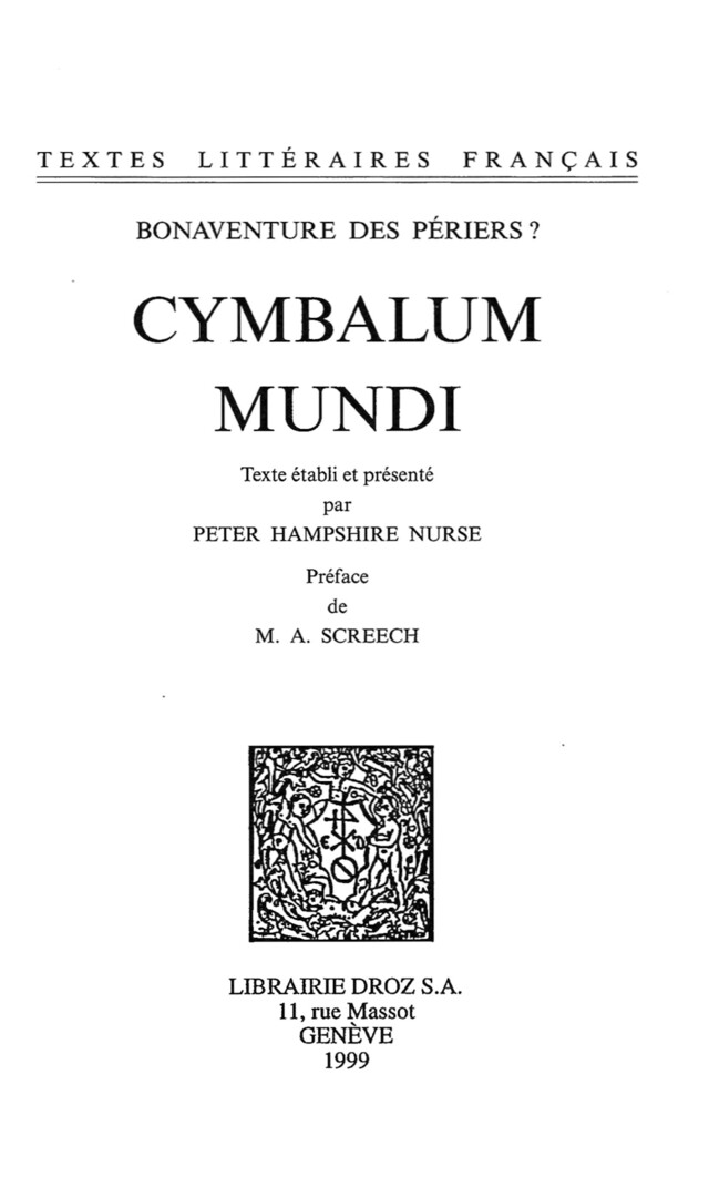 Cymbalum Mundi - Bonaventure des Périers - Librairie Droz