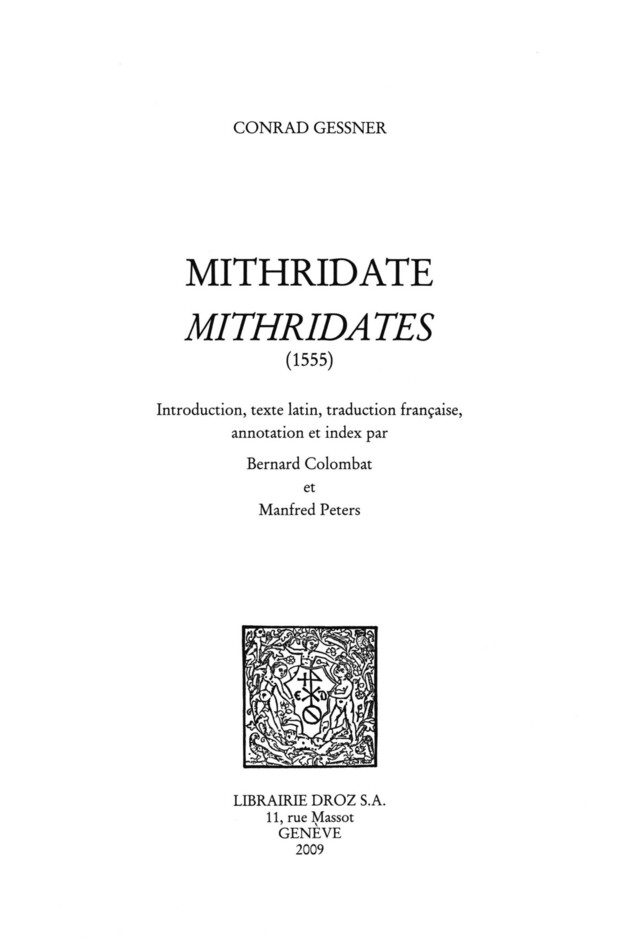 Mithridates (1555) - Conrad Gessner - Librairie Droz