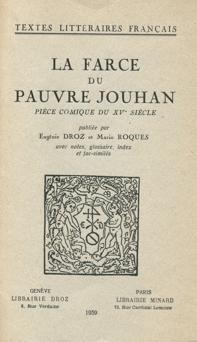 La Farce du pauvre Jouhan -  - Librairie Droz
