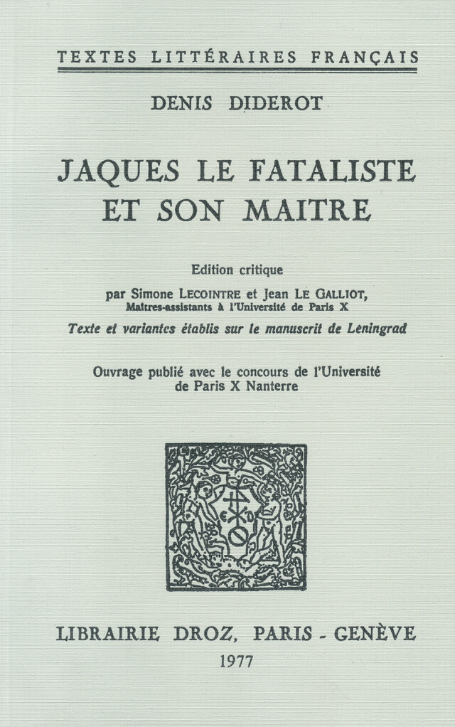 Jacques le fataliste et son maître - Denis Diderot - Librairie Droz