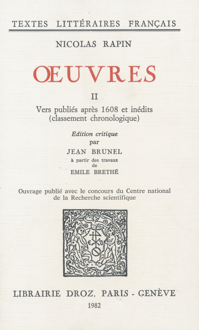 Œuvres II - Nicolas Rapin, Emile Brethé - Librairie Droz