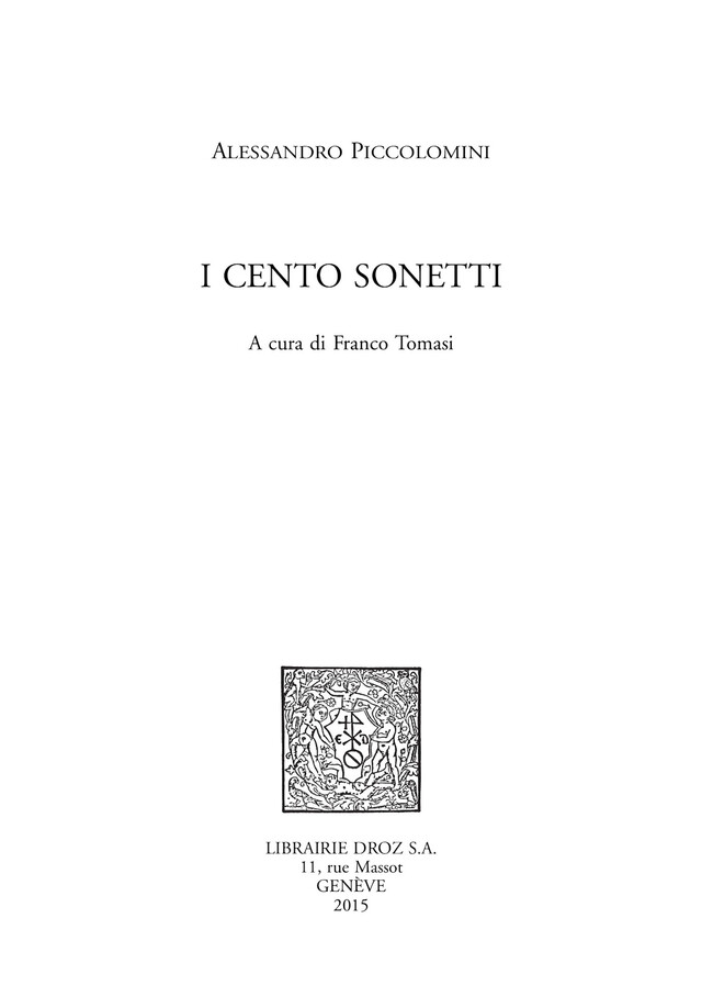 I Cento sonetti - Alessandro Piccolomini - Librairie Droz