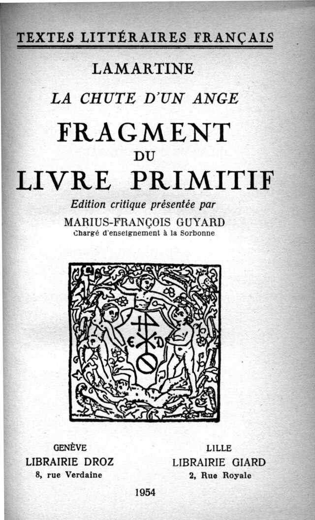 La Chute d’un Ange -  Lamartine - Librairie Droz