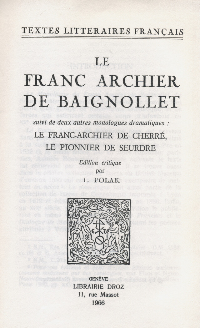Le Franc Archier de Baignollet -  - Librairie Droz
