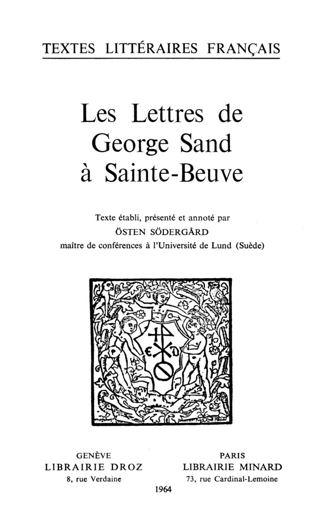 Les Lettres de George Sand à Sainte-Beuve -  - Librairie Droz