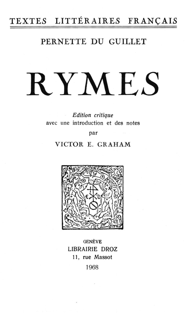 Rymes - Pernette du Guillet - Librairie Droz