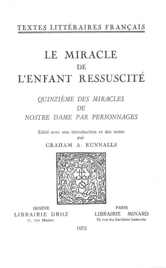 Le Miracle de l'Enfant ressuscité -  - Librairie Droz