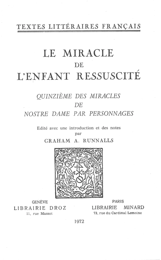 Le Miracle de l'Enfant ressuscité -  - Librairie Droz