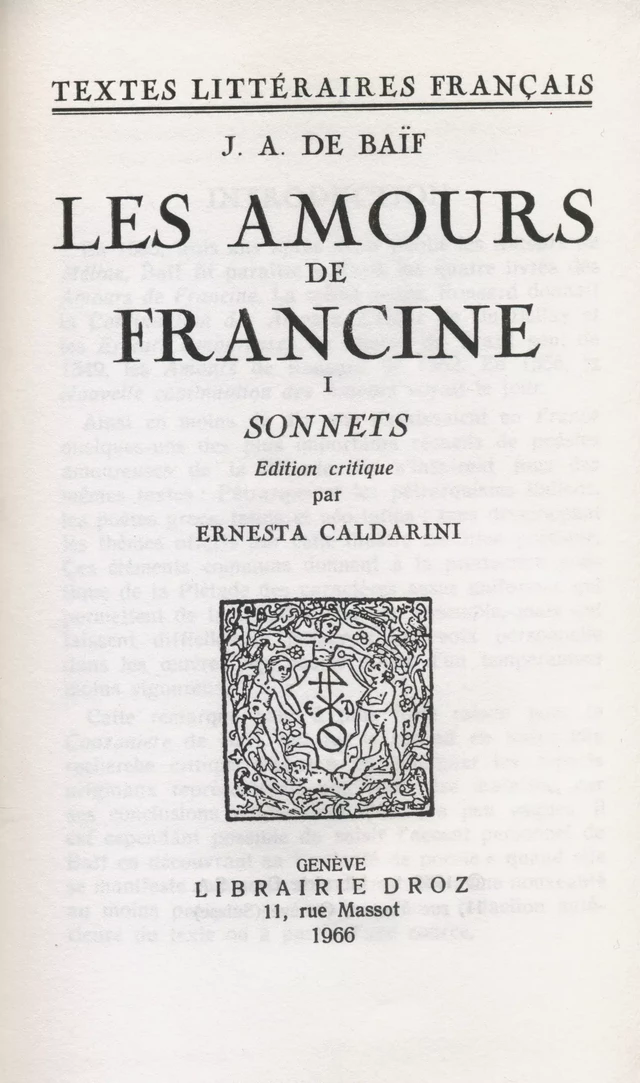 Les Amours de Francine - Jean-Antoine de Baïf - Librairie Droz