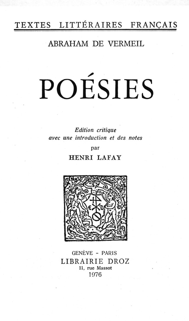 Poésies - Abraham Vermeil - Librairie Droz