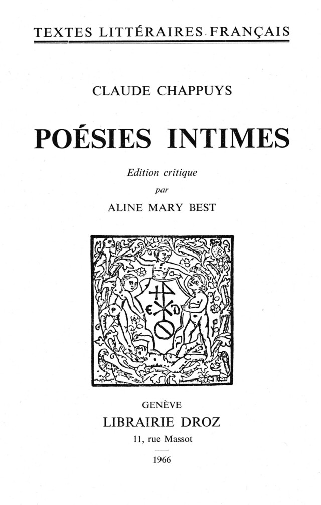Poésies intimes - Claude Chappuys - Librairie Droz