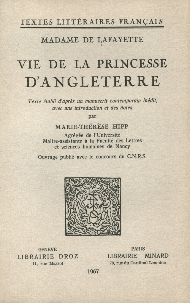 Vie de la princesse d'Angleterre -  Lafayette - Librairie Droz