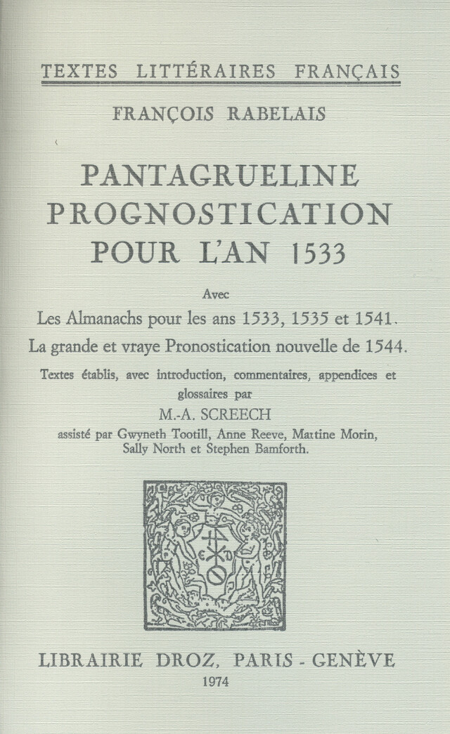 Pantagrueline Prognostication pour l'an 1533 - François Rabelais - Librairie Droz