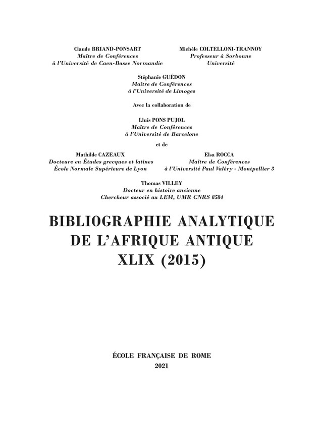 Bibliographie analytique de l’Afrique antique XLIX (2015) -  - Publications de l’École française de Rome