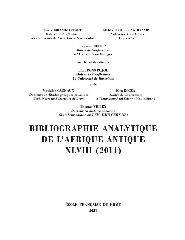 Bibliographie analytique de l’Afrique antique XLVIII (2014) -  - Publications de l’École française de Rome