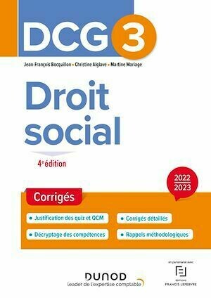 DCG 3 Droit social - Corrigés - 2022-2023 - Jean-François Bocquillon, Martine Mariage, Christine Alglave - Dunod