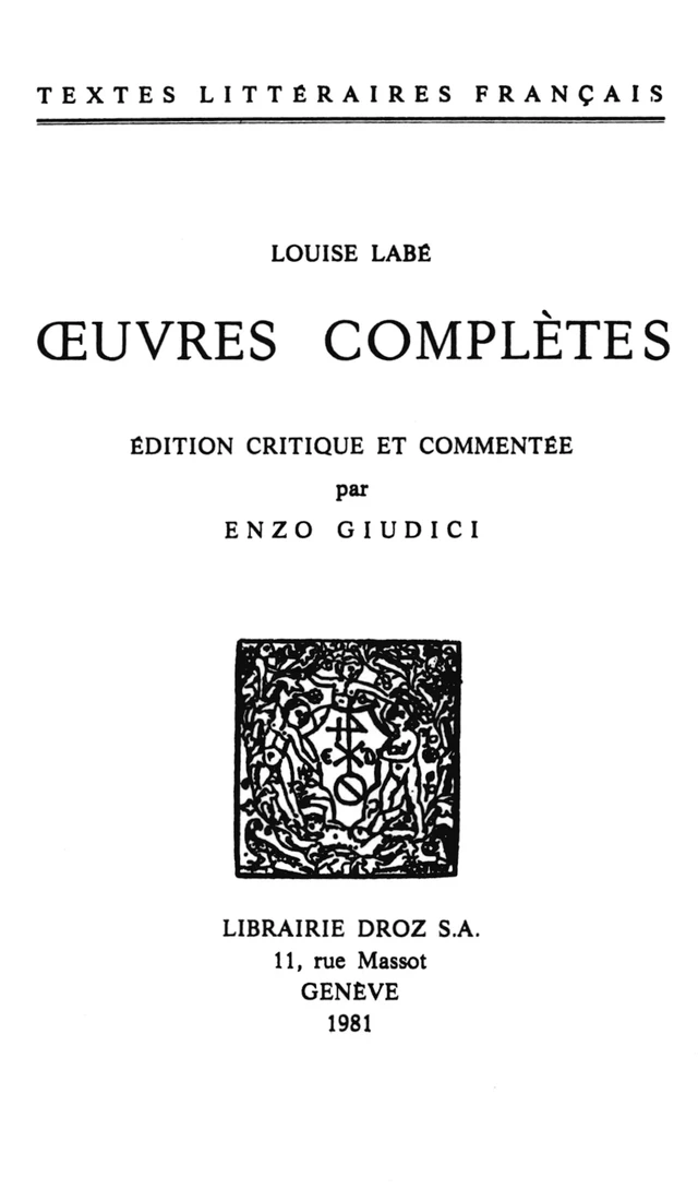 Œuvres complètes - Louise Labé - Librairie Droz