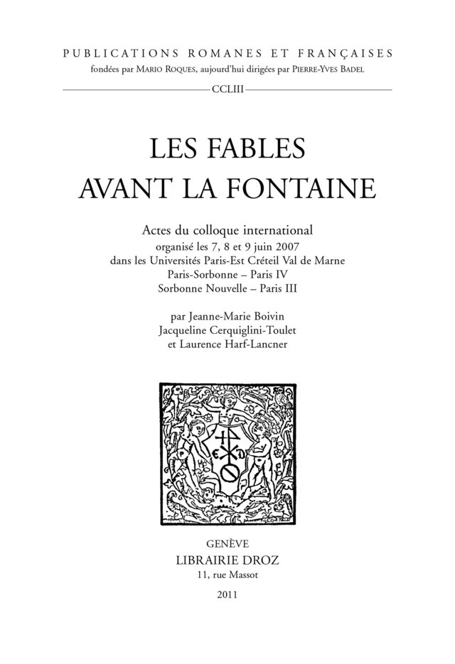 Les Fables avant La Fontaine -  - Librairie Droz