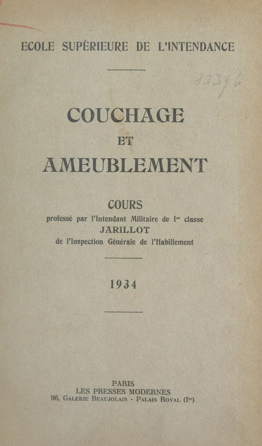 Couchage et ameublement -  École supérieure de l'intendance - FeniXX réédition numérique