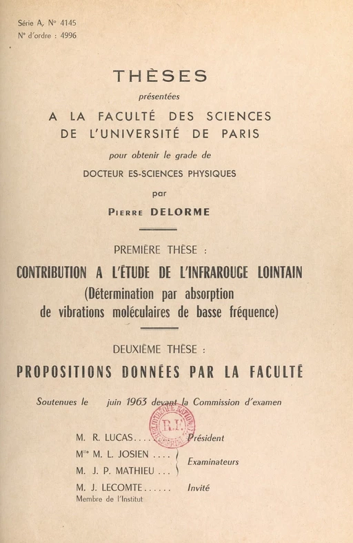 Contribution à l'étude de l'infrarouge lointain (détermination par absorption de vibrations moléculaires de basse fréquence) - Pierre Delorme - FeniXX réédition numérique