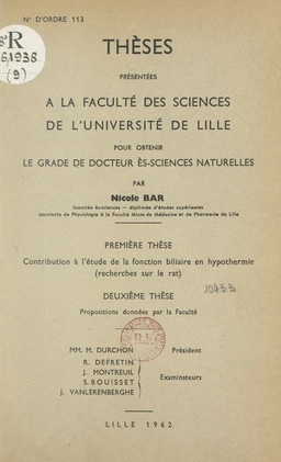 Contribution à l'étude de la fonction biliaire en hypothermie, recherches sur le rat