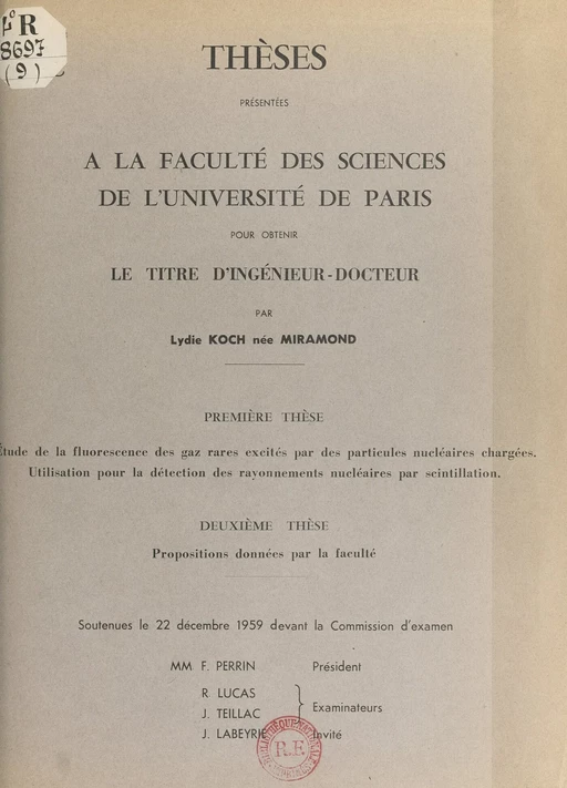 Étude de la fluorescence des gaz rares excités par des particules nucléaires chargées. Utilisation pour la détection des rayonnements nucléaires par scintillation - Lydie Koch - FeniXX réédition numérique