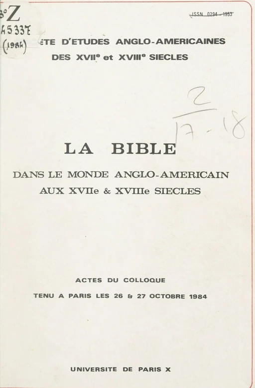 La Bible dans le monde anglo-américain aux XVIIe et XVIIIe siècles -  Société d'études anglo-américaines des XVIIe et XVIIIe siècles - FeniXX réédition numérique