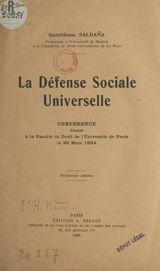 La défense sociale universelle - Quintiliano Saldaña - FeniXX réédition numérique