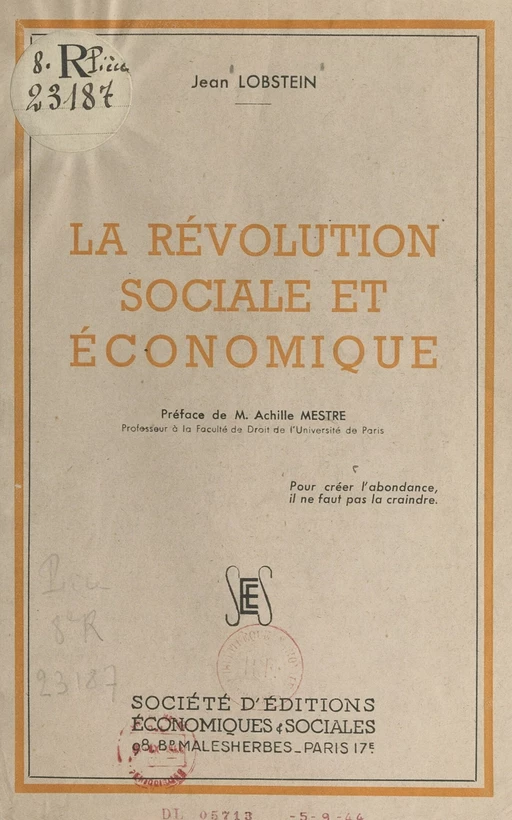 La révolution sociale et économique - Jean Lobstein - FeniXX réédition numérique