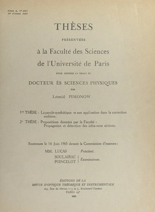 La parole synthétique et son application dans la correction auditive - Léonid Pimonow - FeniXX réédition numérique