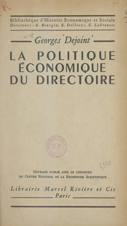 La politique économique du Directoire - Georges Dejoint - FeniXX réédition numérique