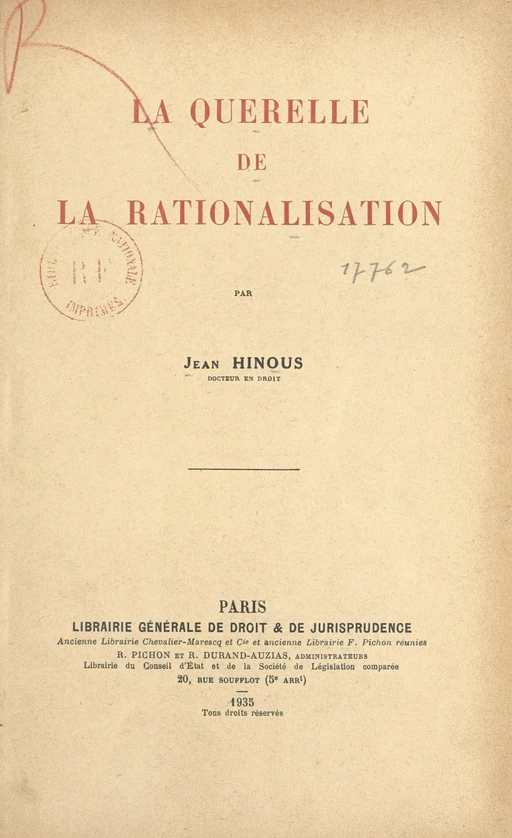 La querelle de la rationalisation - Jean Hinous - FeniXX réédition numérique