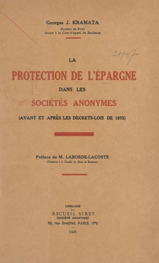 La protection de l'épargne dans les sociétés anonymes - Georges J. Kramata - FeniXX réédition numérique