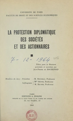 La protection diplomatique des sociétés et des actionnaires