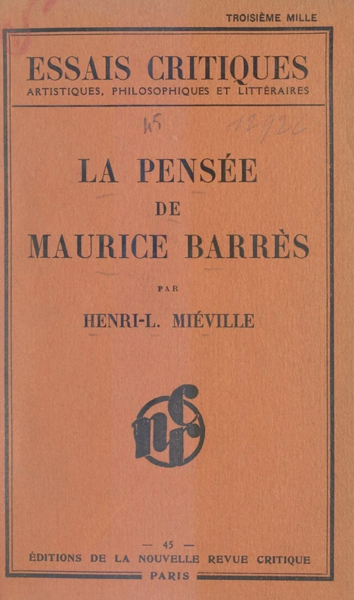 La pensée de Maurice Barrès - Henri-Louis Miéville - FeniXX réédition numérique