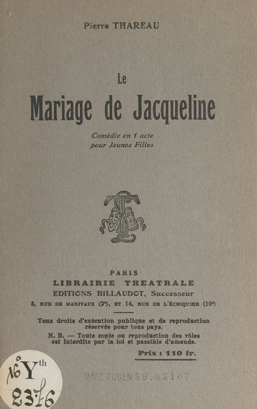 Le mariage de Jacqueline - Pierre Thareau - FeniXX réédition numérique