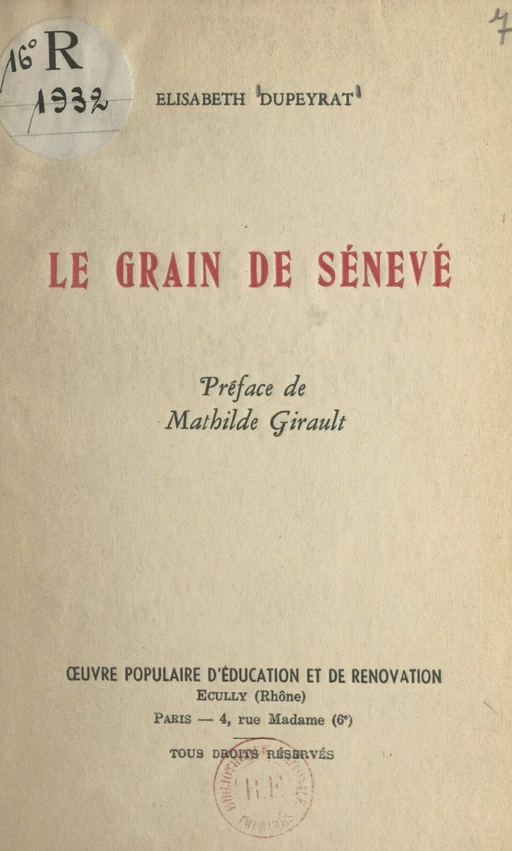 Le grain de Sénevé - Élisabeth Dupeyrat - FeniXX réédition numérique