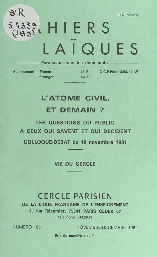 L'atome civil, et demain ? -  Cercle parisien de la Ligue française de l'enseignement - FeniXX réédition numérique