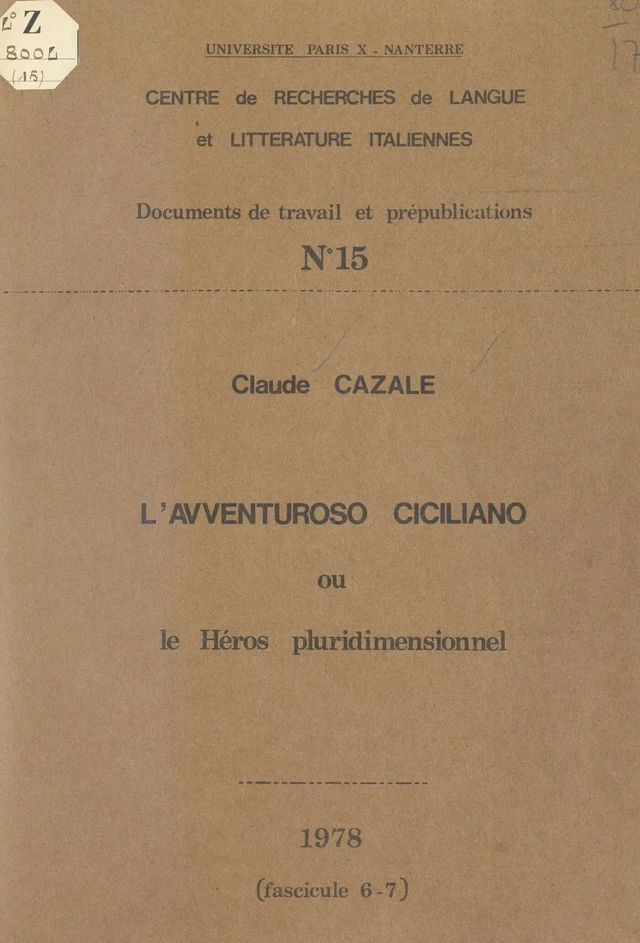 L'Avventuroso ciciliano - Claude Cazale - FeniXX réédition numérique