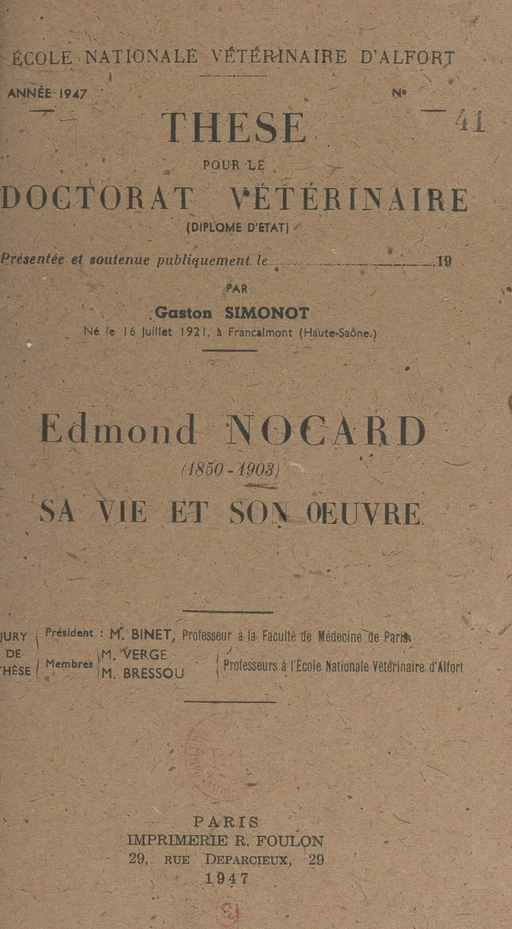 Edmond Nocard, 1850-1903 - Gaston Simonot - FeniXX réédition numérique