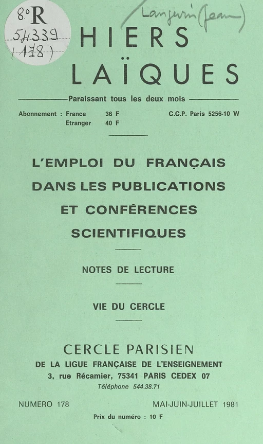 L'emploi du français dans les publications et conférences scientifiques -  Cercle parisien de la Ligue française de l'enseignement - FeniXX réédition numérique