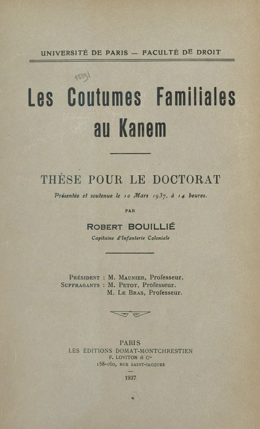 Les coutumes familiales au Kanem - Robert Bouillié - FeniXX réédition numérique