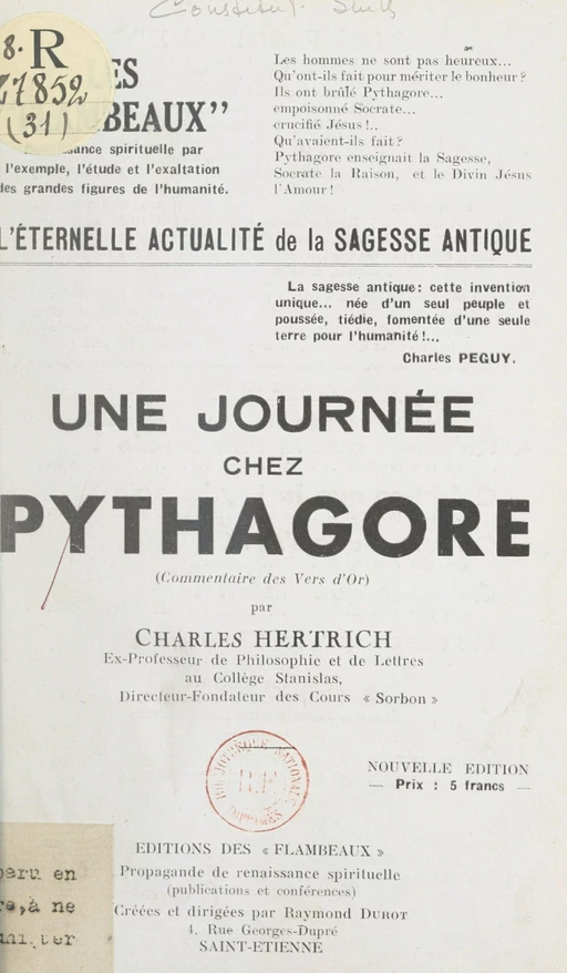 L'éternelle actualité de la sagesse antique : une journée chez Pythagore - Charles Hertrich - FeniXX réédition numérique